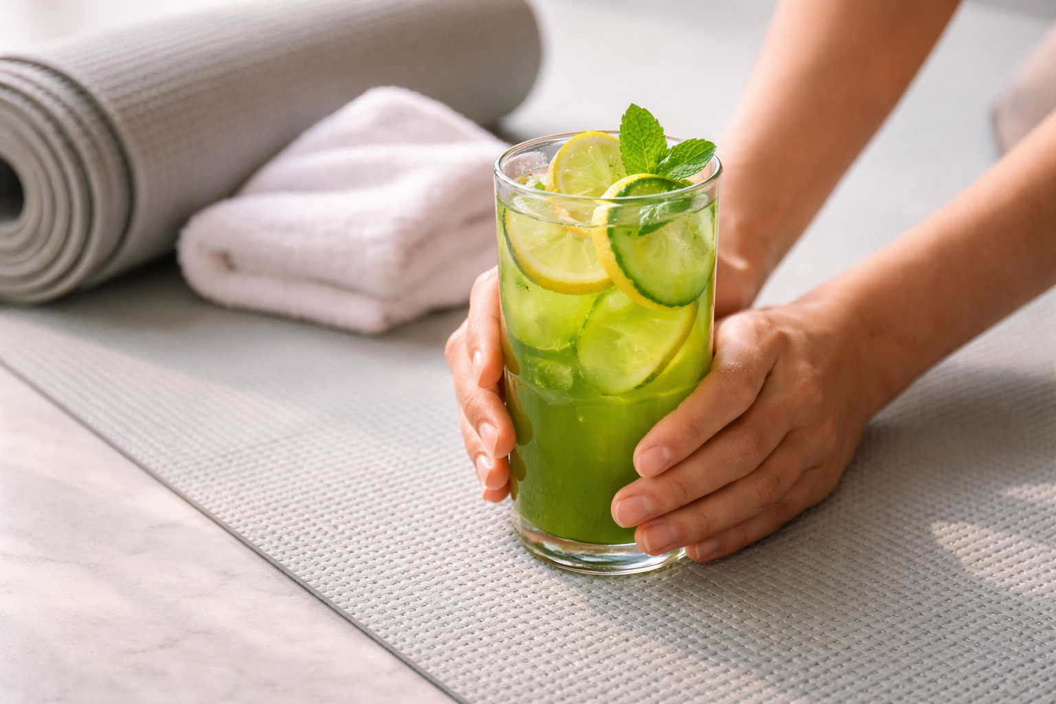 Home main-de-femme-et-boisson-matcha-rafraichissante